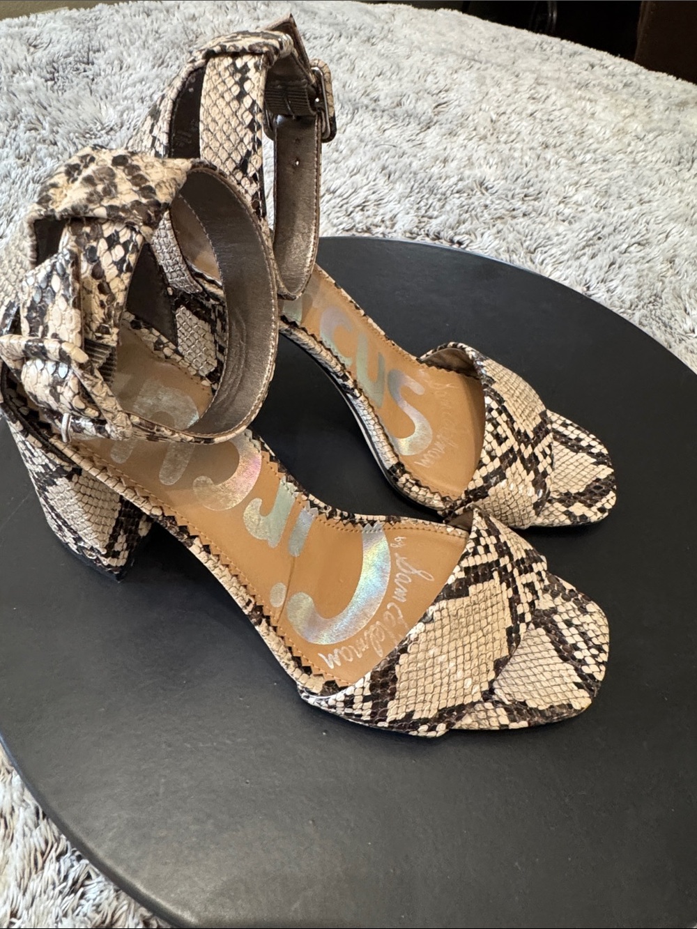 Sam Edelman Circus Snake Skin Chunky Block Heel Open Toe Sandals 8 Ankle Wrap